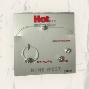 Nine West Sterling Silver Faux Diamond Toe Ring Anklet/Bracelet/Earrings Set NEW